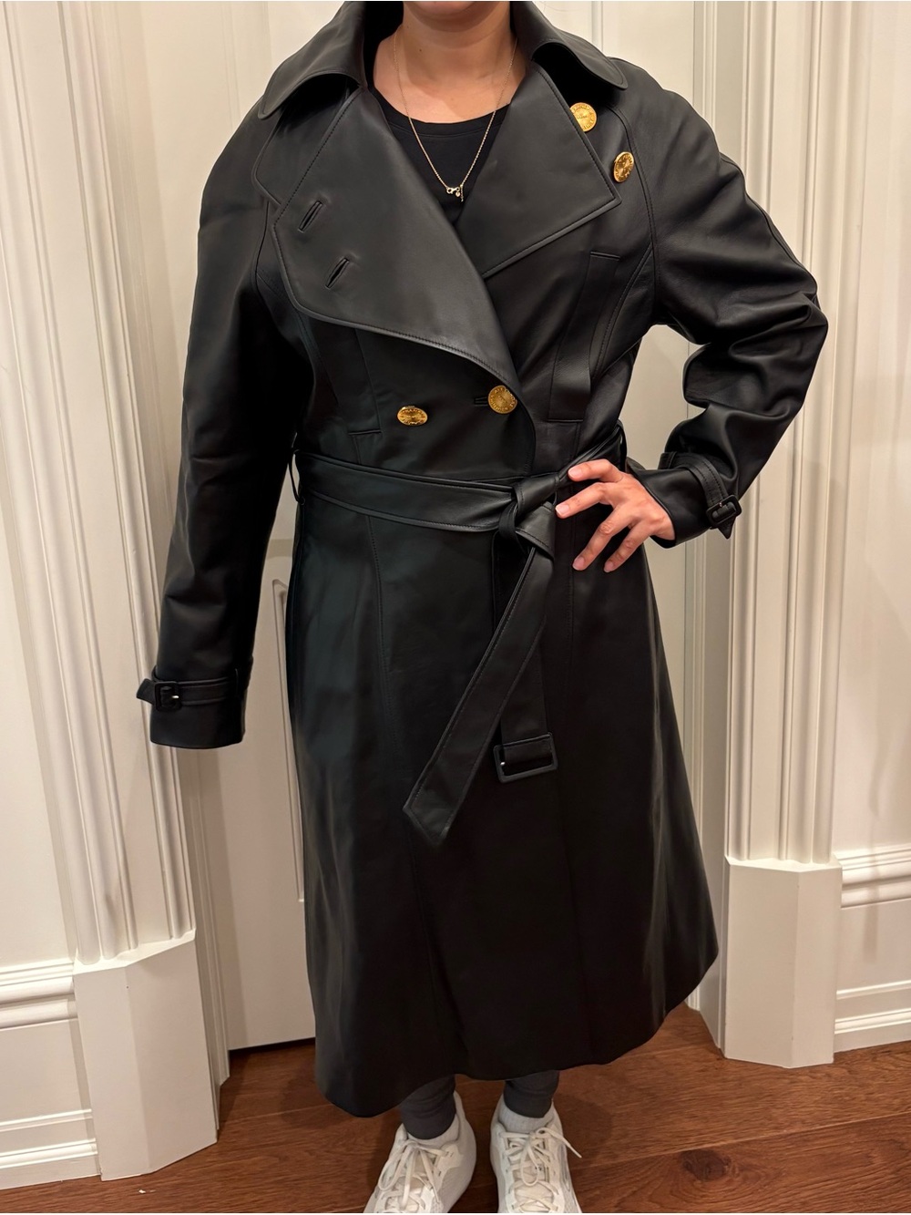 Alexander Vauthier Black Leather Double-Breasted Trench Coat with Gold Buttons
